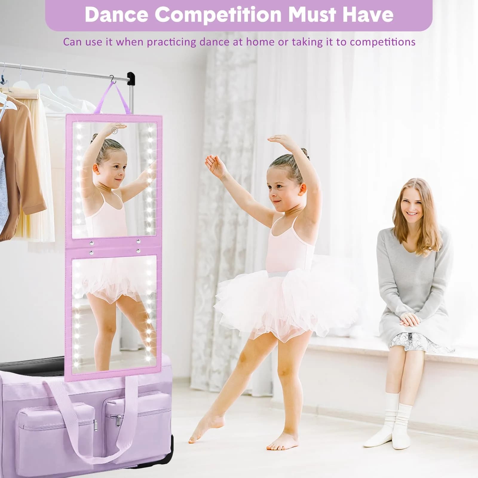 Fabuday Lighted Hanging Mirror for Dance Backstage - Rechargeable Folding LED Full Length Mirror with Lights for Dancers, Portable Foldable Travel Body Mirrors, Brightness Adjustable, Purple (11.5x12.3 inch) - view 4