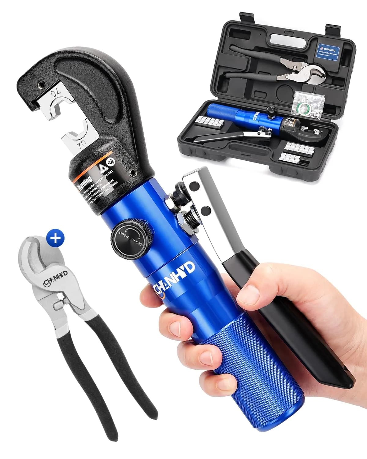 CHANHYD Hydraulic Wire Battery Cable Lug Terminal Crimper with 9 Dies | 12 AWG-2/0 AWG Electrical Cable Crimping Tool Kit — Crimper with cutter