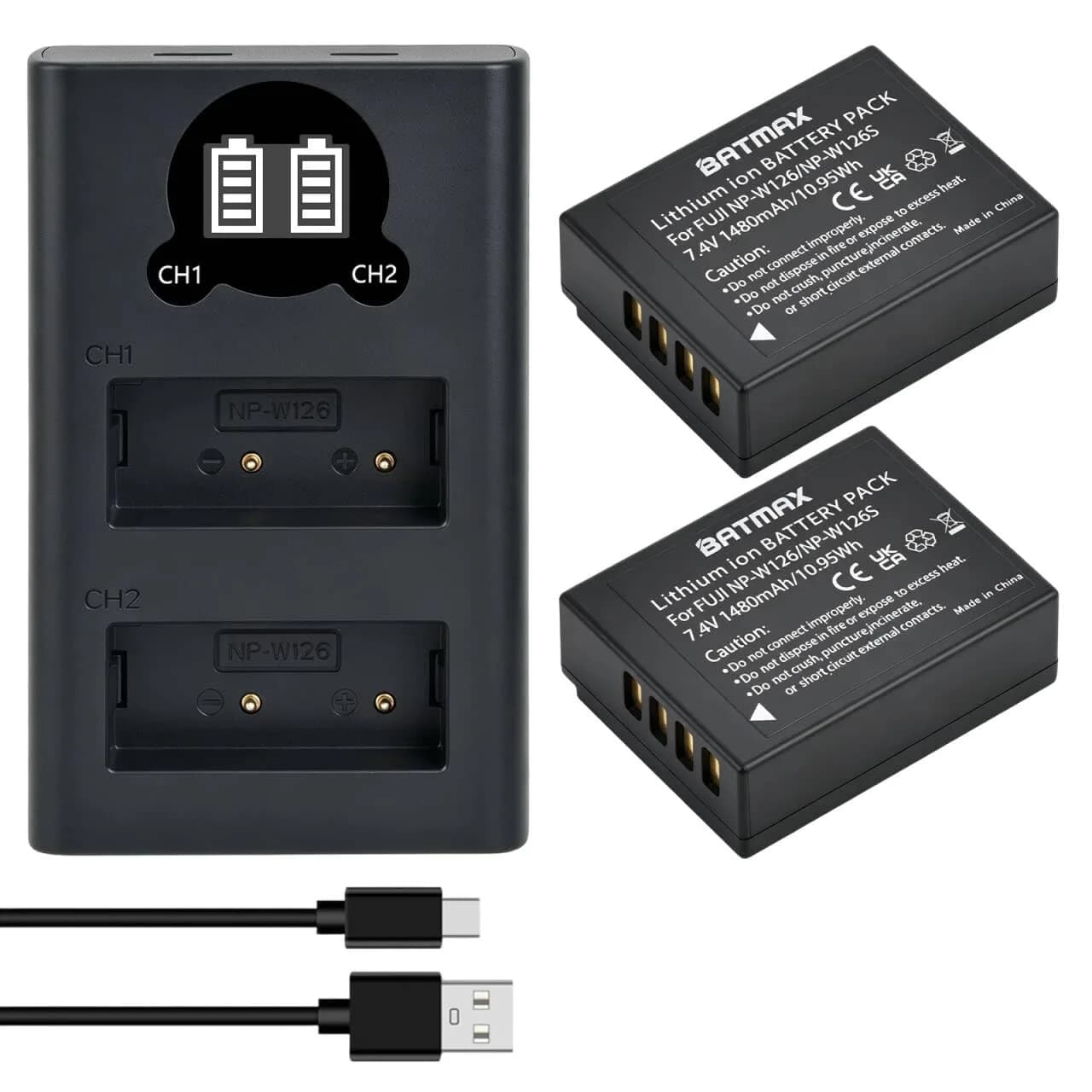 Batmax NP-W126S Battery & USB-C Rapid Charger for Fujifilm X-Series | 1480mAh Li-ion, 7.4V, Compatible with X-T100, X-T200, X100F, X100V, X-S10, X-Pro3, X-T2