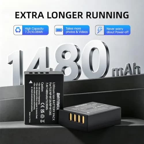 Batmax NP-W126S Battery & USB-C Rapid Charger for Fujifilm X-Series | 1480mAh Li-ion, 7.4V, Compatible with X-T100, X-T200, X100F, X100V, X-S10, X-Pro3, X-T2 thumbnail 2