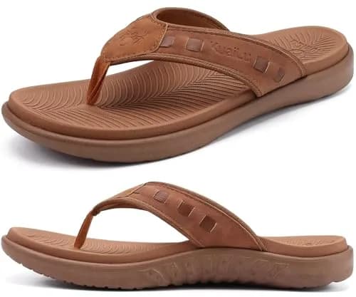 KuaiLu Men's Leather Flip Flops Orthotic Thong Sandals With Arch Support - Size 9 (US Men's) thumbnail 1