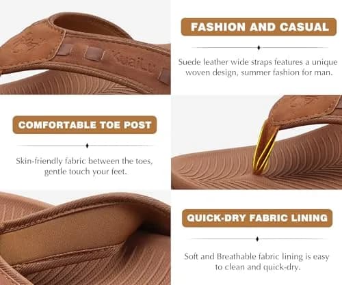 KuaiLu Men's Leather Flip Flops Orthotic Thong Sandals With Arch Support - Size 9 (US Men's) thumbnail 7