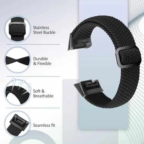 VNDAPT Elastic Braided Bands for Fitbit Charge 5 & 6 | Breathable, Adjustable Nylon Wristbands (20mm, 9.84 inches) thumbnail 3
