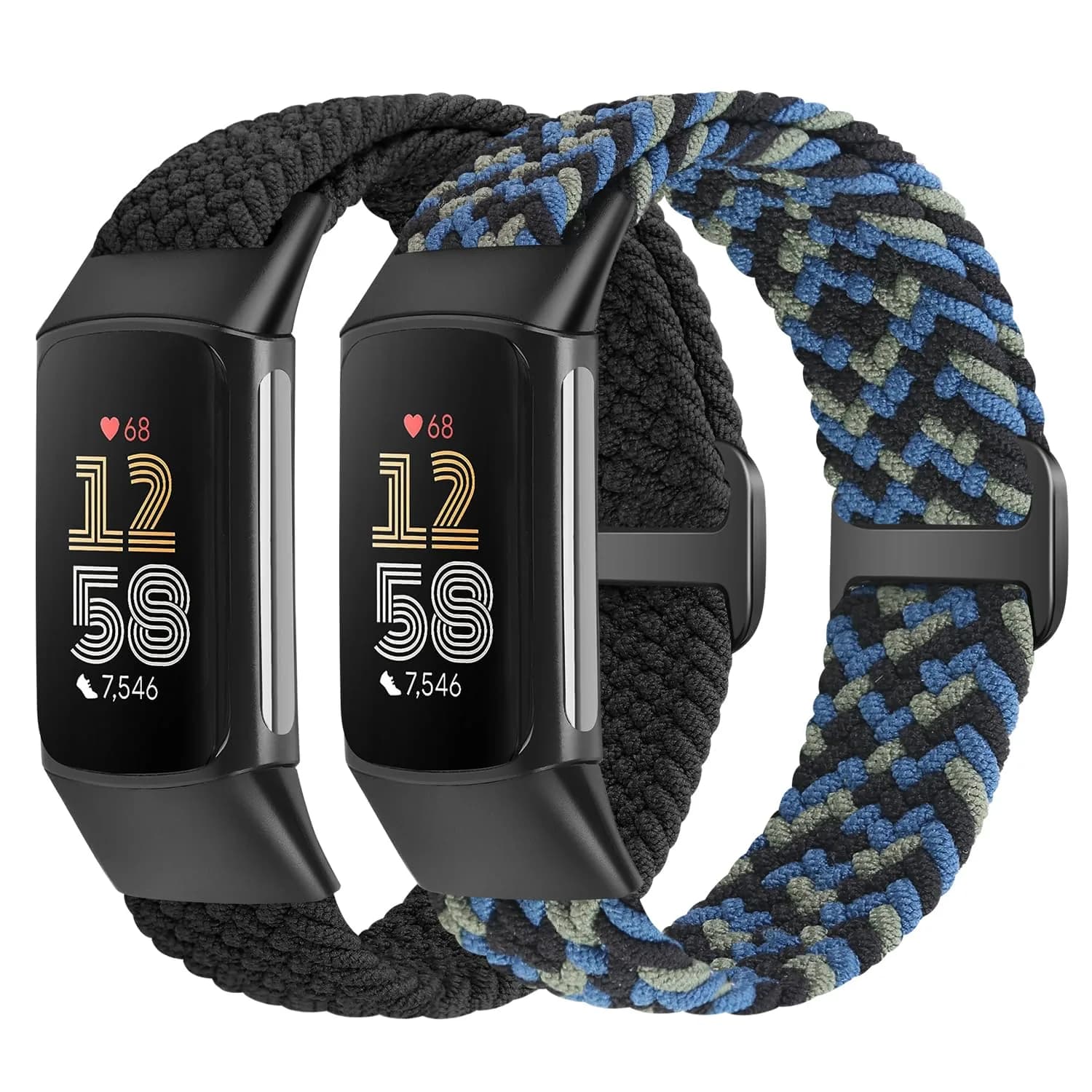 VNDAPT Elastic Braided Bands for Fitbit Charge 5 & 6 | Breathable, Adjustable Nylon Wristbands (20mm, 9.84 inches) — Black+Camouflage Blue