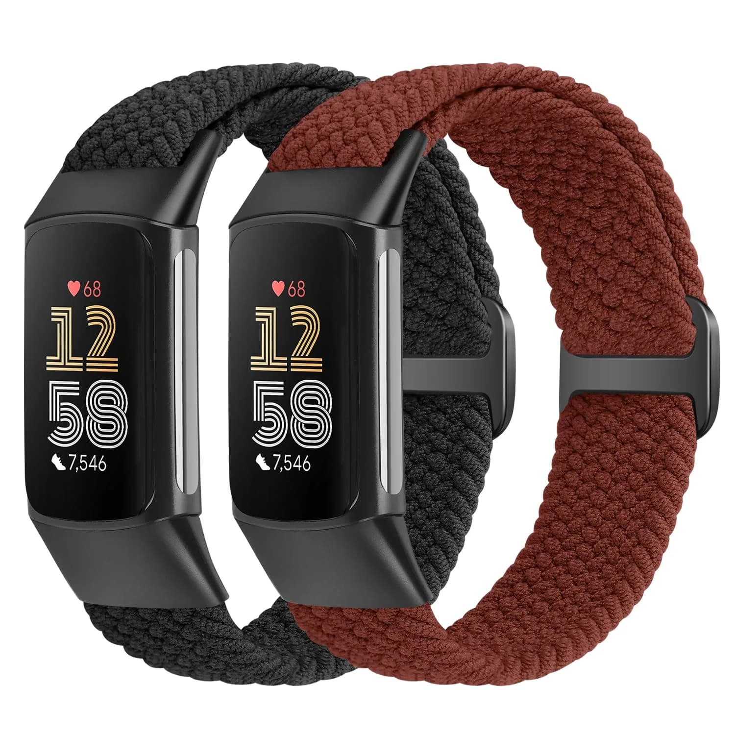 VNDAPT Elastic Braided Bands for Fitbit Charge 5/6 - Black+Burgundy | 22mm (0.9 inch) Width | Adjustable Nylon Sport Strap — Black+Burgundy