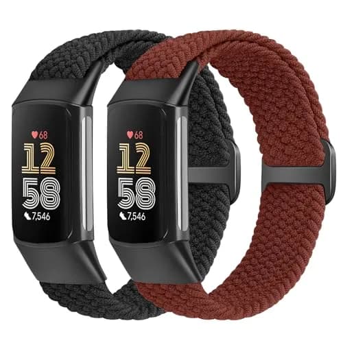 VNDAPT Elastic Braided Bands for Fitbit Charge 5/6 - Black+Burgundy | 22mm (0.9 inch) Width | Adjustable Nylon Sport Strap thumbnail 1