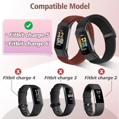 VNDAPT Elastic Braided Bands for Fitbit Charge 5/6 - Black+Burgundy | 22mm (0.9 inch) Width | Adjustable Nylon Sport Strap thumbnail 3