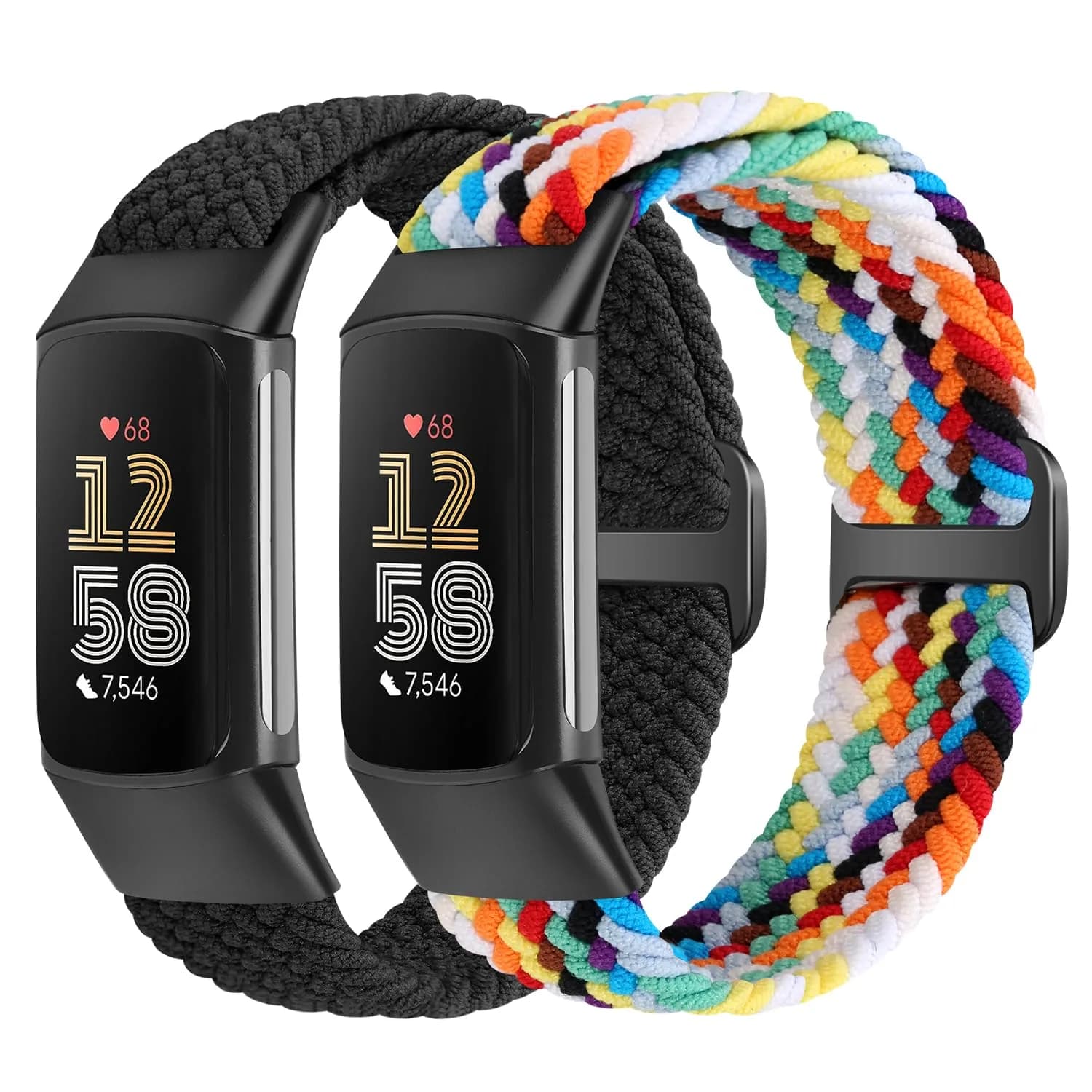 VNDAPT Elastic Braided Bands for Fitbit Charge 5/6 - Black+Official Rainbow | Adjustable Nylon Loop (20mm Width) — Black+Official Rainbow