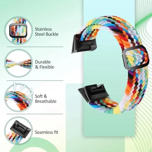 VNDAPT Elastic Braided Bands for Fitbit Charge 5/6 - Black+Official Rainbow | Adjustable Nylon Loop (20mm Width) thumbnail 3