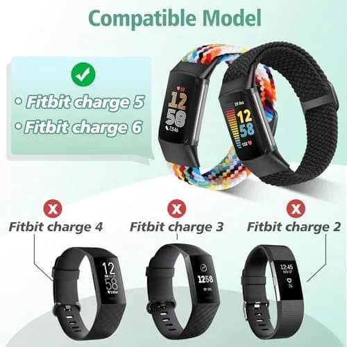 VNDAPT Elastic Braided Bands for Fitbit Charge 5/6 - Black+Official Rainbow | Adjustable Nylon Loop (20mm Width) thumbnail 4