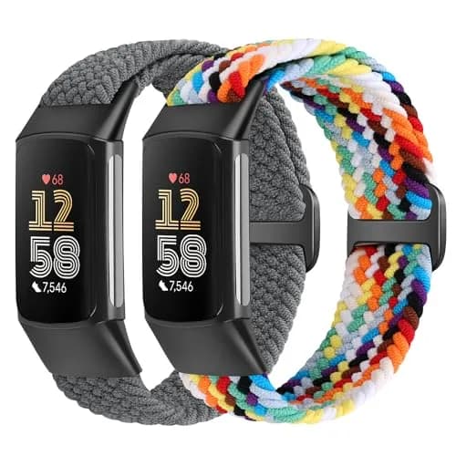 VNDAPT Elastic Braided Bands for Fitbit Charge 5/6, Rainbow & Space Gray, 20mm Width | Breathable Nylon Loop thumbnail 1