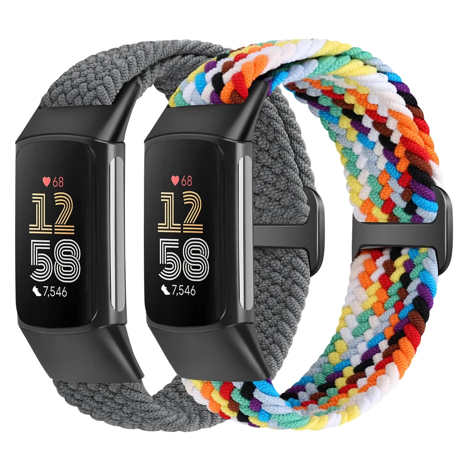 VNDAPT Elastic Braided Bands for Fitbit Charge 5/6, Rainbow & Space Gray, 20mm Width | Breathable Nylon Loop — Space Gray+Official Rainbow