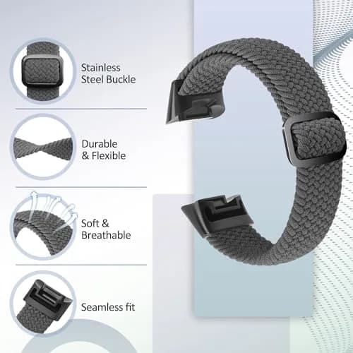VNDAPT Elastic Braided Bands for Fitbit Charge 5/6, Rainbow & Space Gray, 20mm Width | Breathable Nylon Loop thumbnail 2
