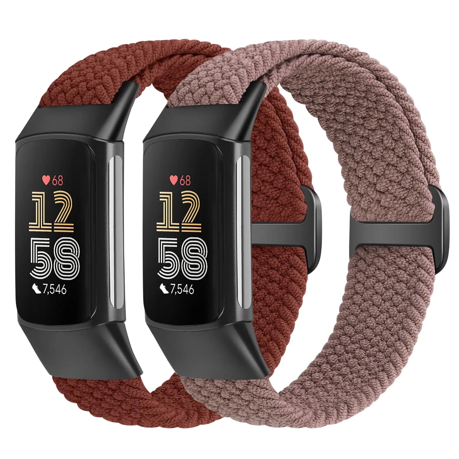 VNDAPT Elastic Braided Bands for Fitbit Charge 5/6 - Black+Burgundy | 22mm (0.9 inch) Width | Adjustable Nylon Sport Strap — Burgundy+Smoke Purple