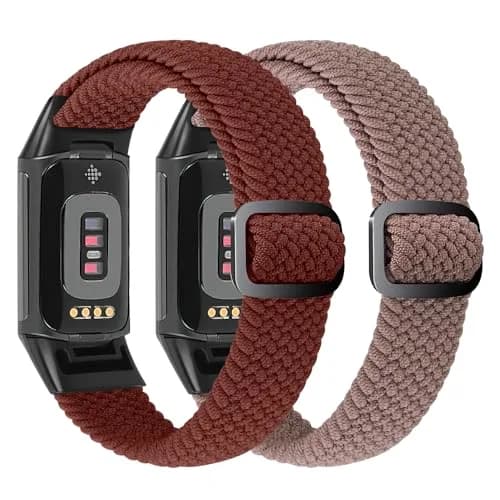 VNDAPT Elastic Braided Bands for Fitbit Charge 5/6, Burgundy+Smoke Purple, 20mm (0.79in) | Breathable Nylon Sport Replacement Wristbands thumbnail 2