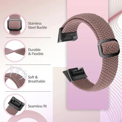 VNDAPT Elastic Braided Bands for Fitbit Charge 5/6, Burgundy+Smoke Purple, 20mm (0.79in) | Breathable Nylon Sport Replacement Wristbands thumbnail 3