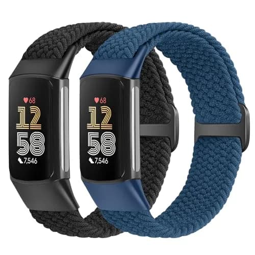 VNDAPT Elastic Braided Bands for Fitbit Charge 5/6, Black+Navy Blue, 20mm (0.79 inches) | Breathable Nylon Sport Replacement Strap thumbnail 1