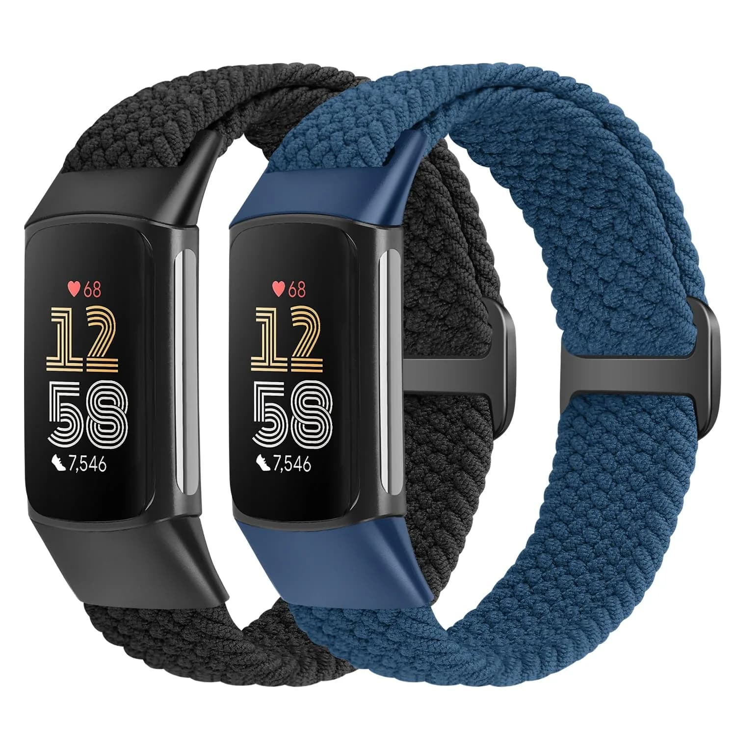 VNDAPT Elastic Braided Bands for Fitbit Charge 5/6, Black+Navy Blue, 20mm (0.79 inches) | Breathable Nylon Sport Replacement Strap — Black+Navy Blue