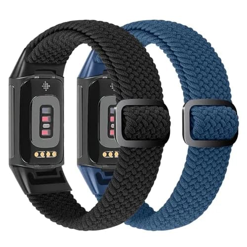 VNDAPT Elastic Braided Bands for Fitbit Charge 5/6, Black+Navy Blue, 20mm (0.79 inches) | Breathable Nylon Sport Replacement Strap thumbnail 2