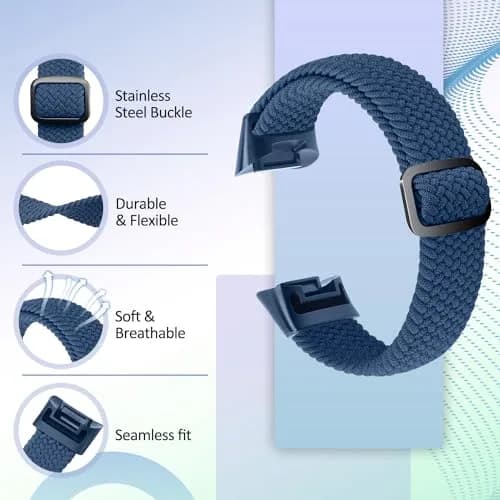 VNDAPT Elastic Braided Bands for Fitbit Charge 5/6, Black+Navy Blue, 20mm (0.79 inches) | Breathable Nylon Sport Replacement Strap thumbnail 3