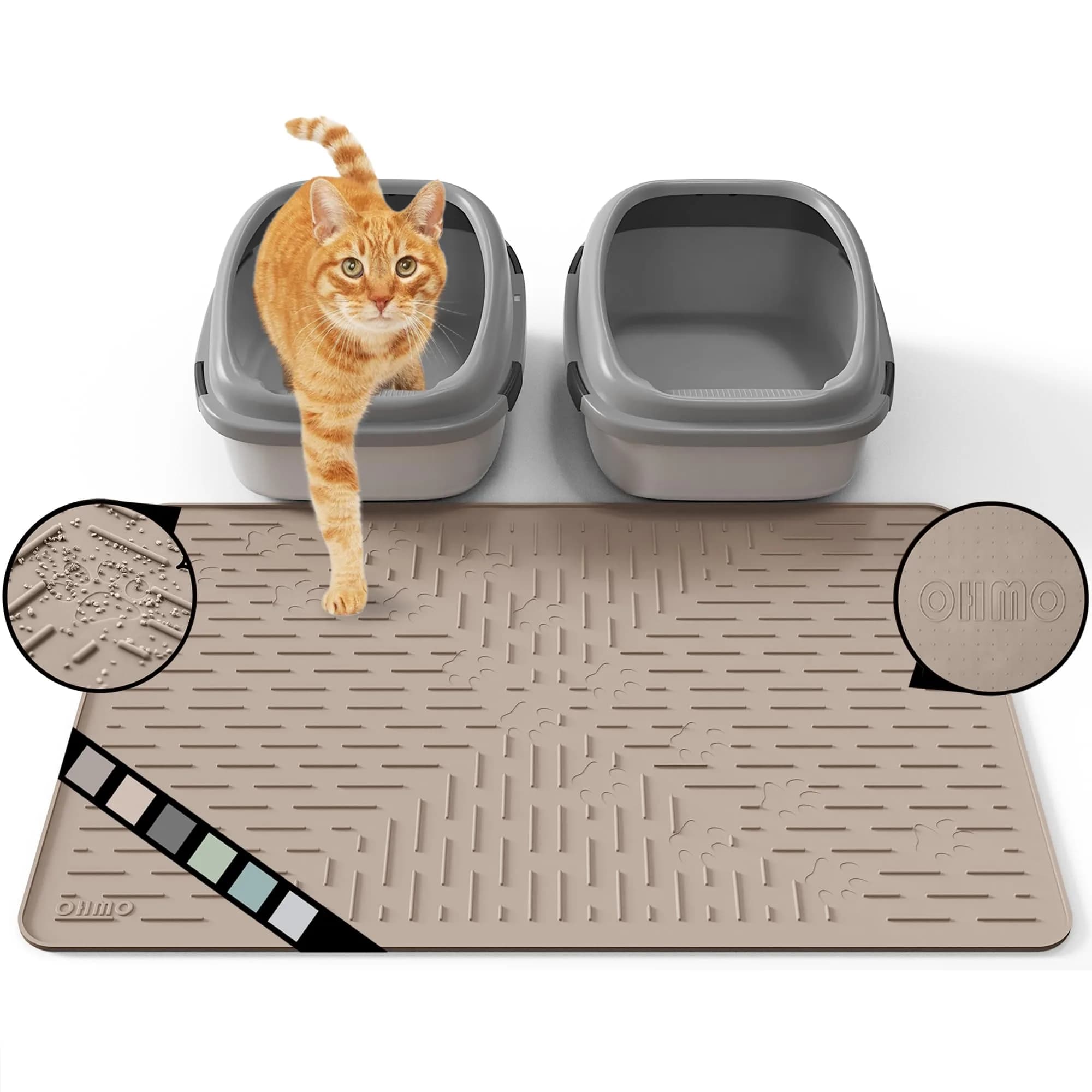 OHMO Large Cat Litter Mat, 31.5x23.6 Silicone Trapping Mat Beige | Waterproof & Easy to Clean