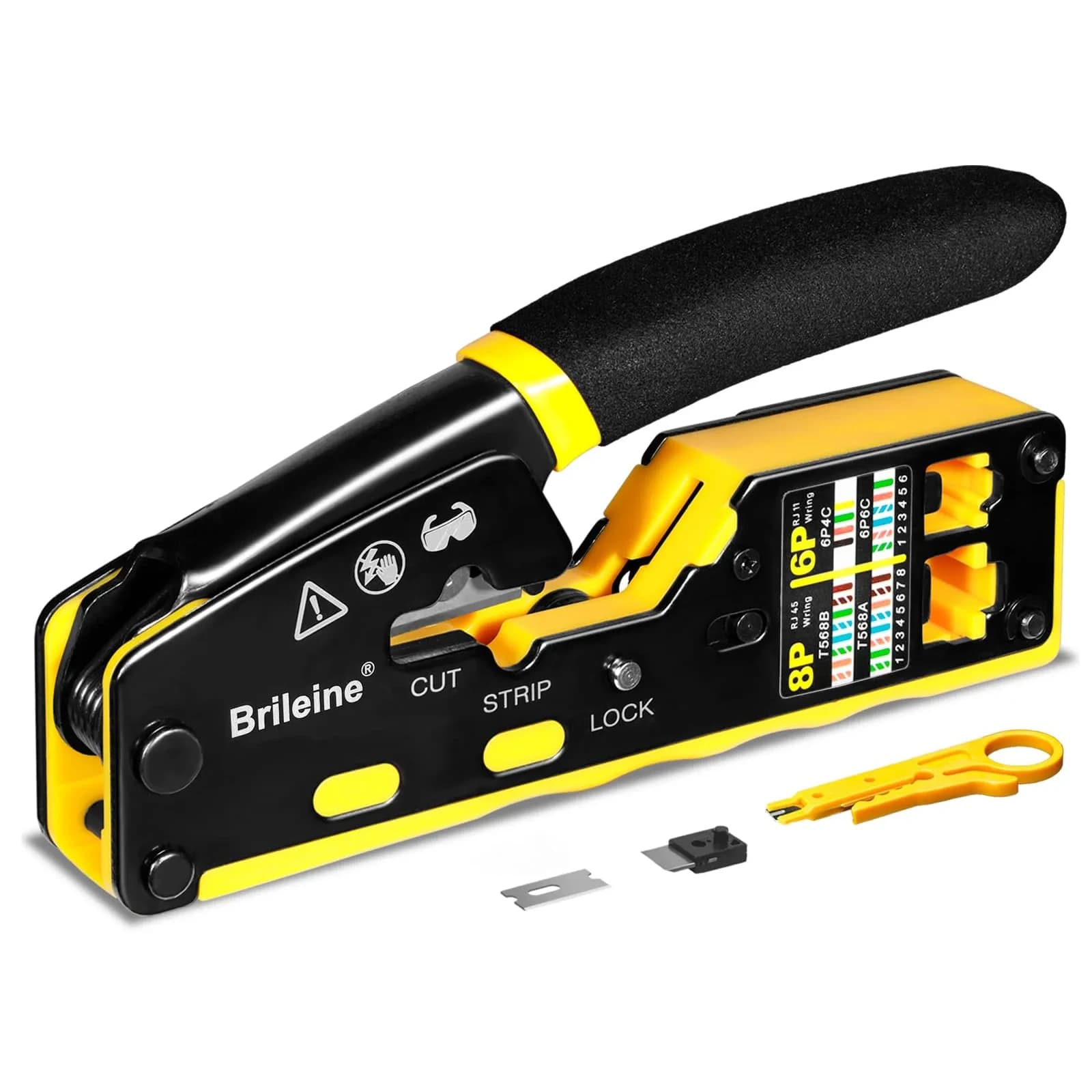 Brileine RJ45 Crimp Tool Pass Through Crimper Kit with Cable Tester & Stripper | 2.7 x 5.3 inches