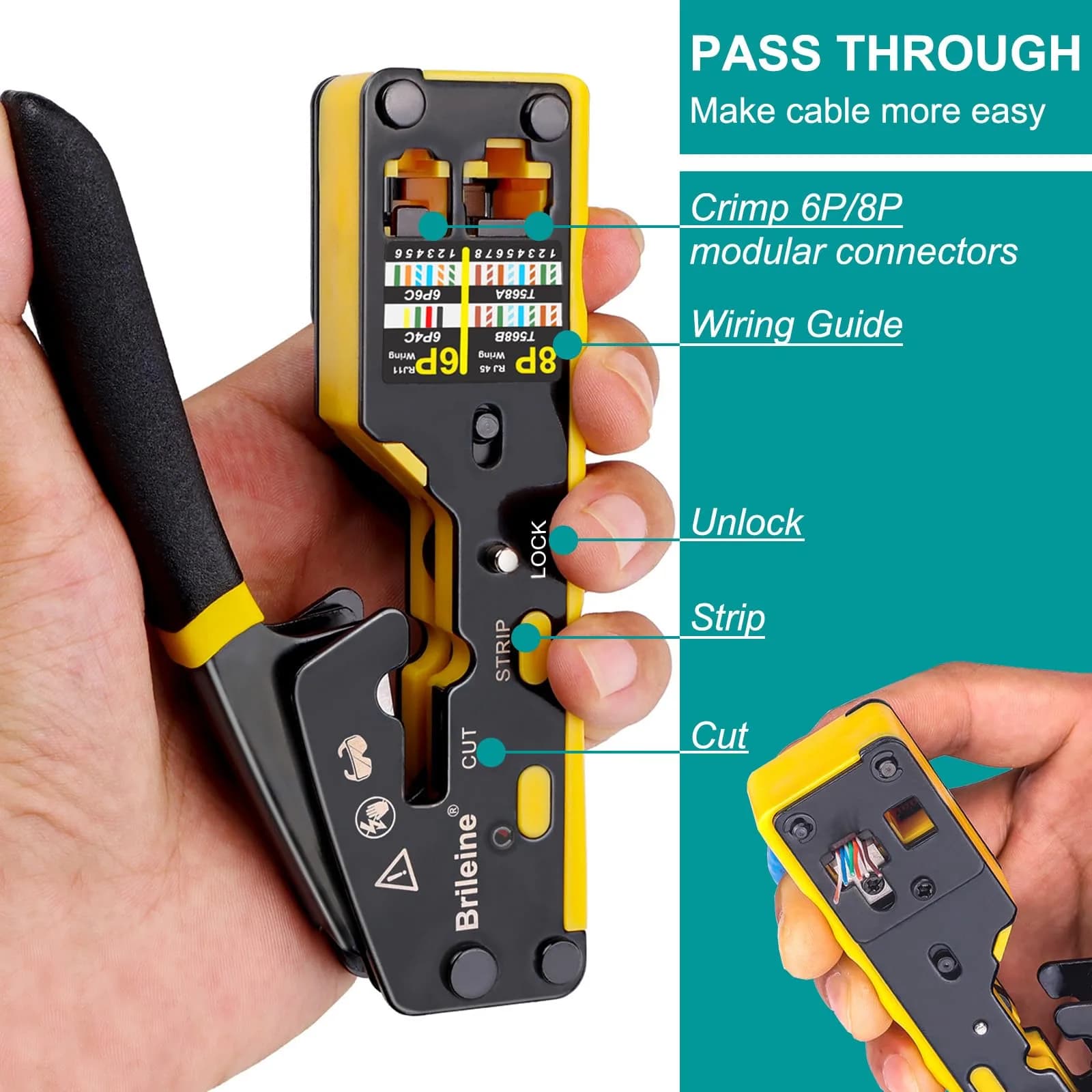 Brileine RJ45 Crimp Tool Pass Through Crimper Kit with Cable Tester & Stripper | 2.7 x 5.3 inches - view 2