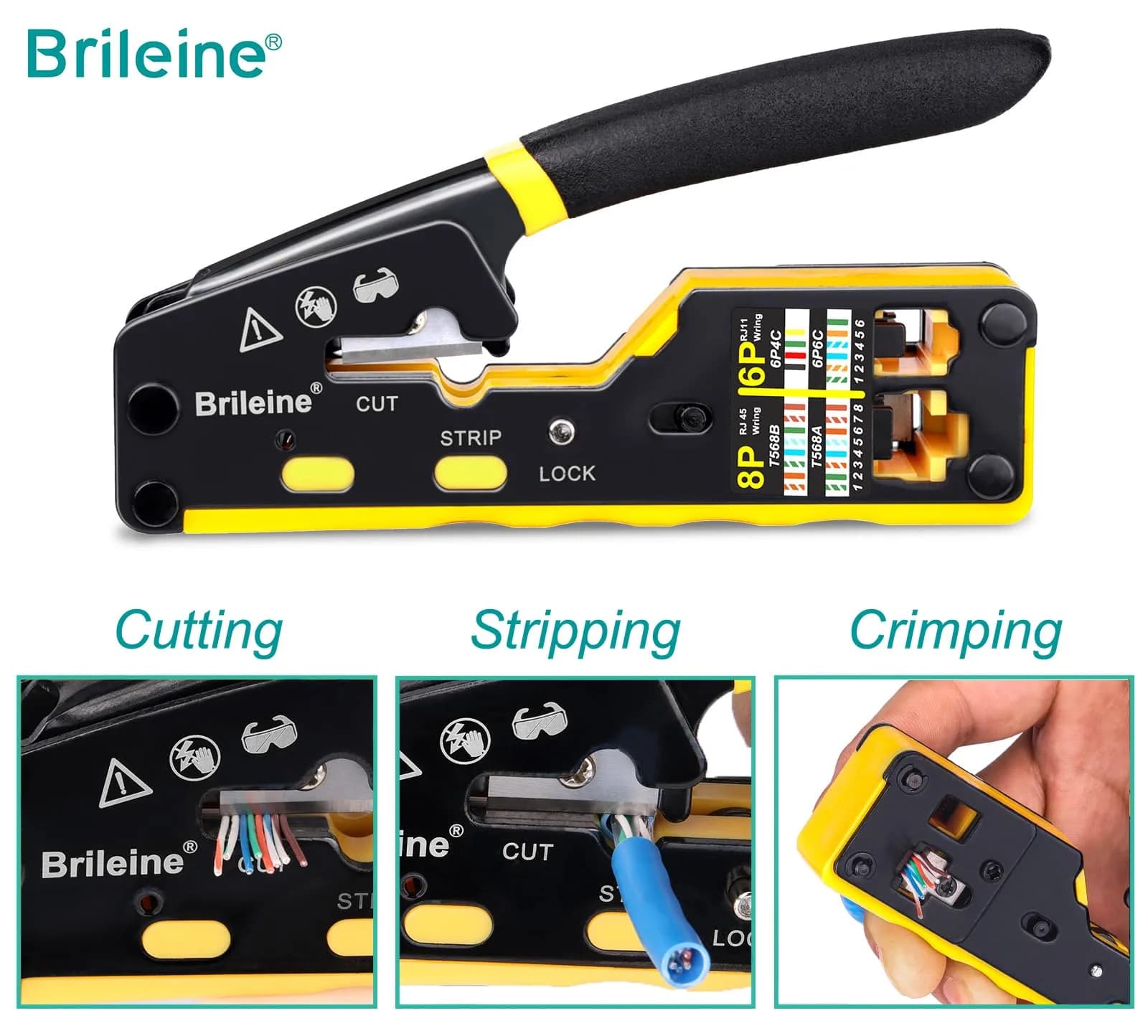 Brileine RJ45 Crimp Tool Pass Through Crimper Kit with Cable Tester & Stripper | 2.7 x 5.3 inches - view 3