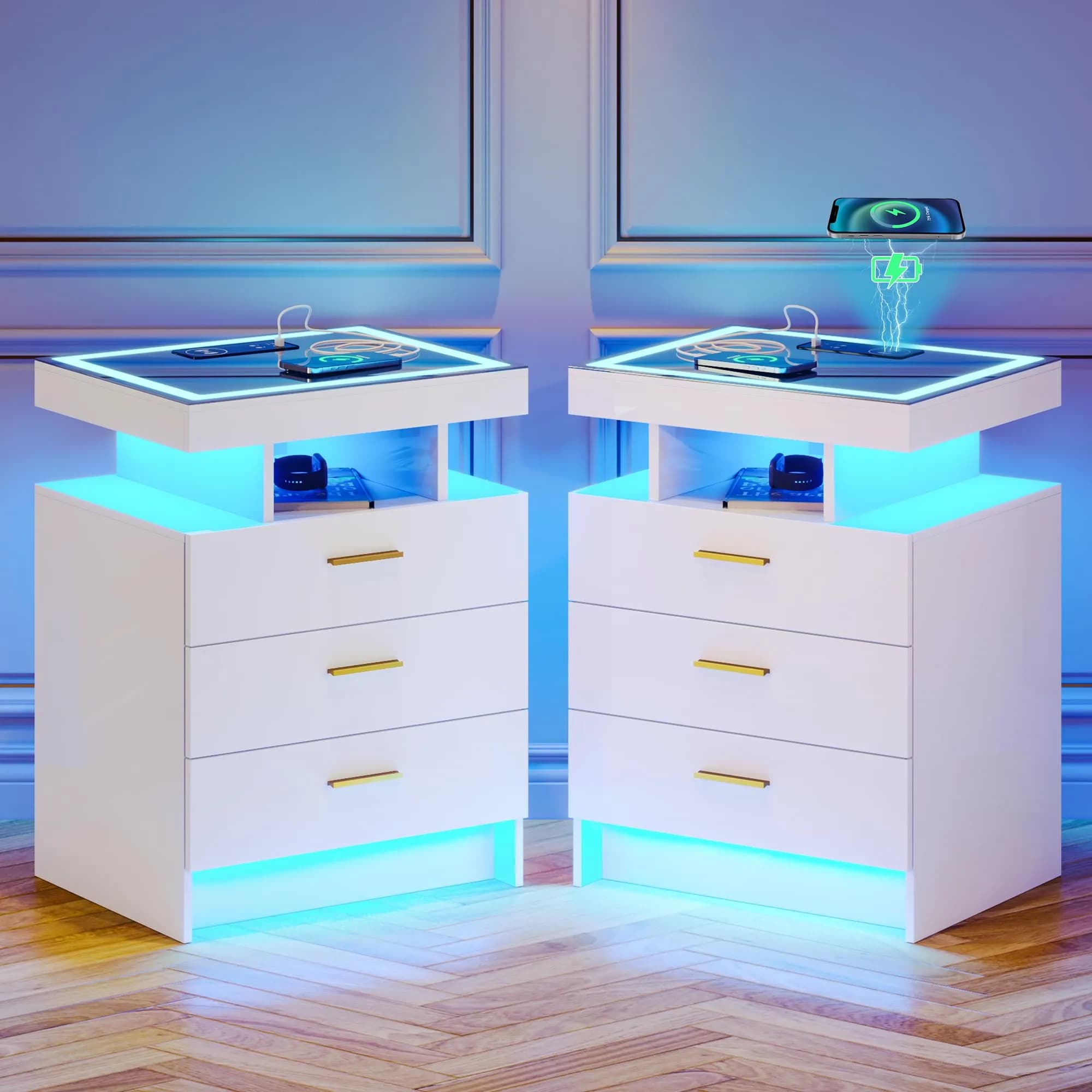 Lvifur LED Nightstand with Wireless Charging Station & Auto Sensor, White | Modern Bedroom Furniture — White X2 3 Drawers-glass Top