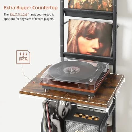 Tewinko Record Player Stand with Vinyl Storage | Vertical Design, Large Countertop, Holds Up to 200 Albums thumbnail 5