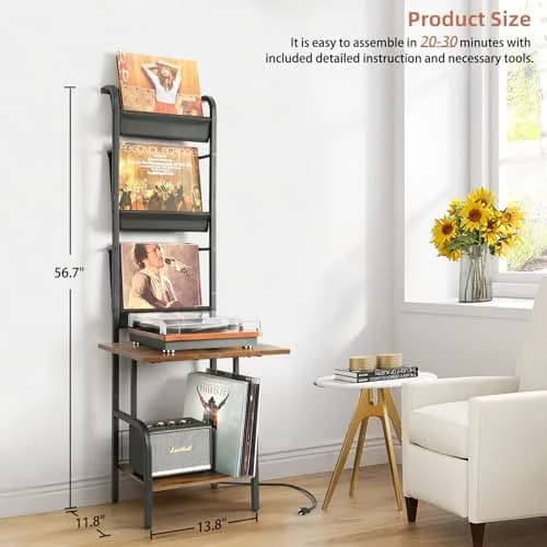 Tewinko Record Player Stand with Vinyl Storage | Vertical Design, Large Countertop, Holds Up to 200 Albums thumbnail 6