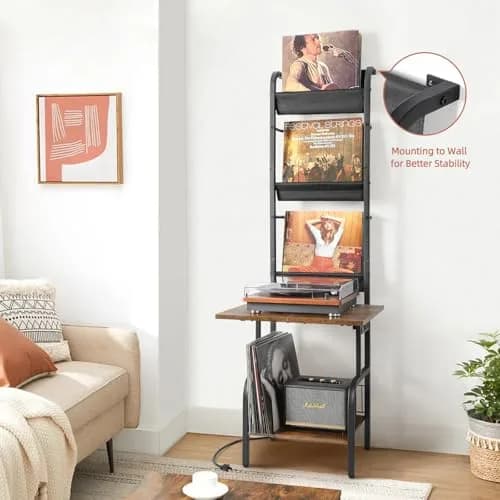 Tewinko Record Player Stand with Vinyl Storage | Vertical Design, Large Countertop, Holds Up to 200 Albums thumbnail 7