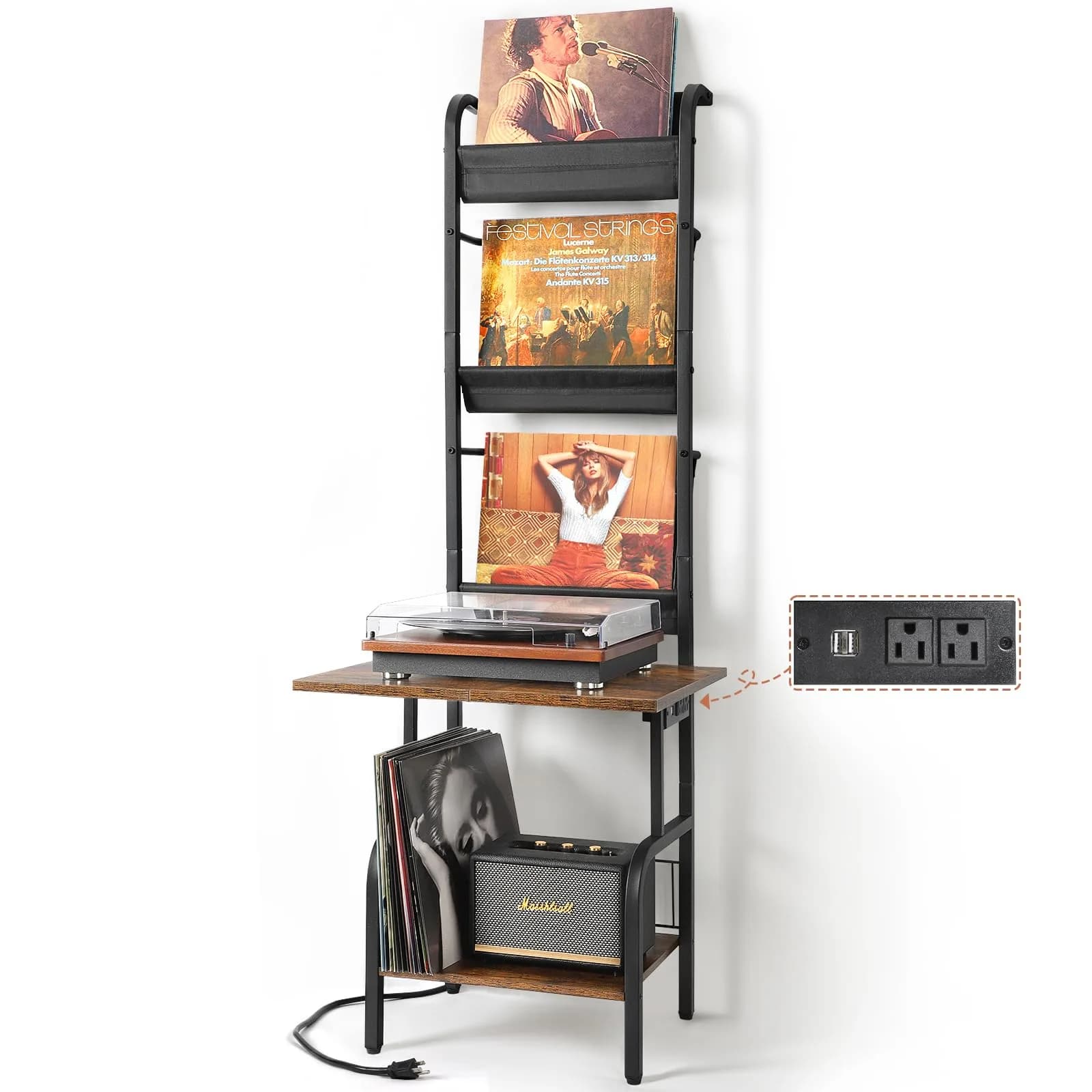 Tewinko Record Player Stand with Vinyl Storage | Vertical Design, Large Countertop, Holds Up to 200 Albums