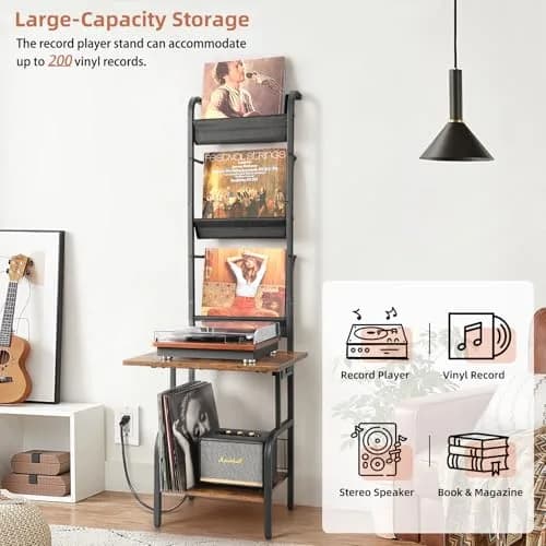 Tewinko Record Player Stand with Vinyl Storage | Vertical Design, Large Countertop, Holds Up to 200 Albums thumbnail 2