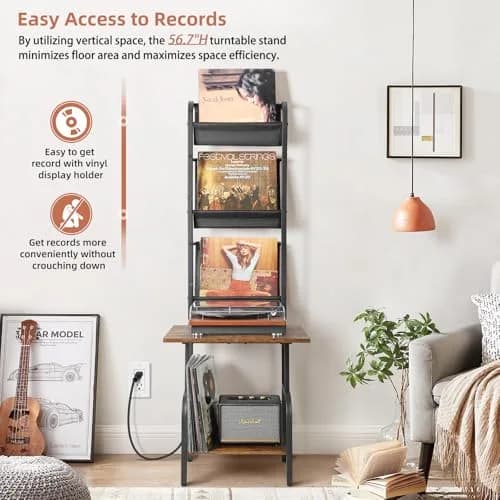 Tewinko Record Player Stand with Vinyl Storage | Vertical Design, Large Countertop, Holds Up to 200 Albums thumbnail 3