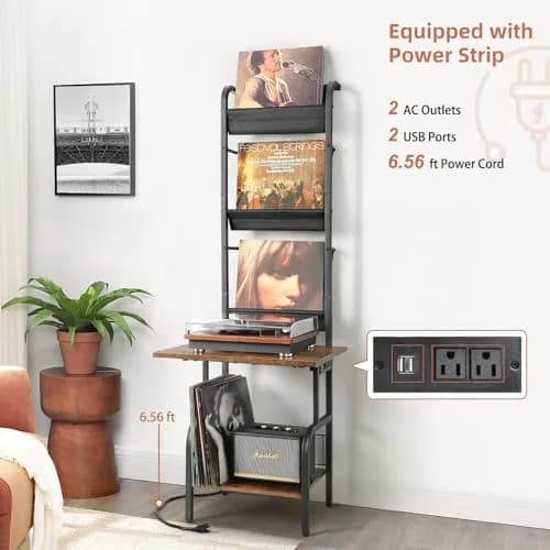 Tewinko Record Player Stand with Vinyl Storage | Vertical Design, Large Countertop, Holds Up to 200 Albums thumbnail 4