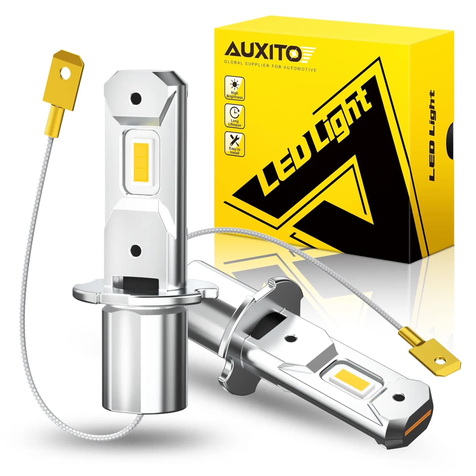AUXITO 880 LED Fog Light Bulb 156 g (5.5 oz) Pack of 2 | 6500K Cool White, 16,000LM Super Brightness — Amber Yellow / H3/H3ll