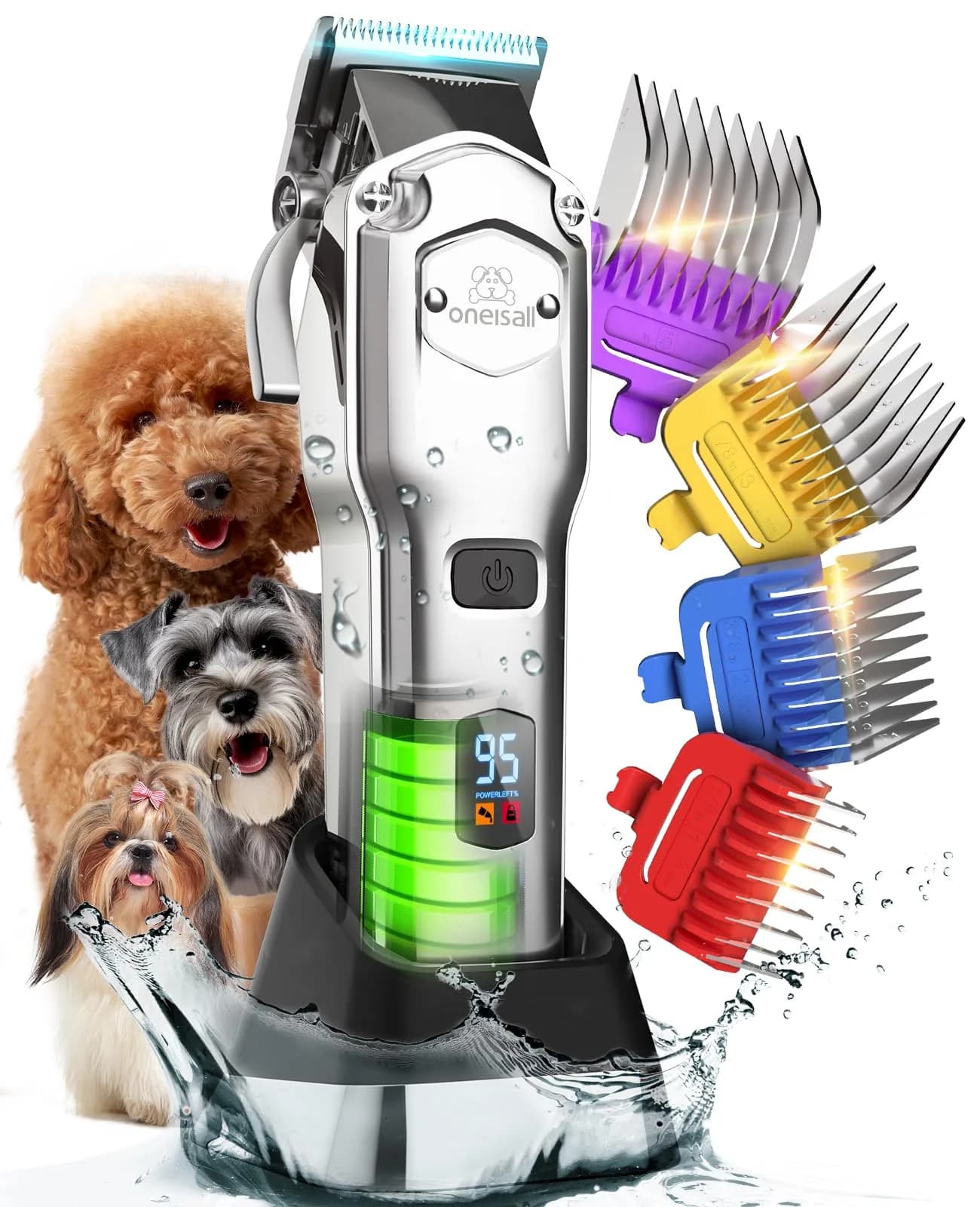 oneisall Professional Dog Grooming Clippers for Thick Hair | Low Noise, Rechargeable, Stainless Steel Blades