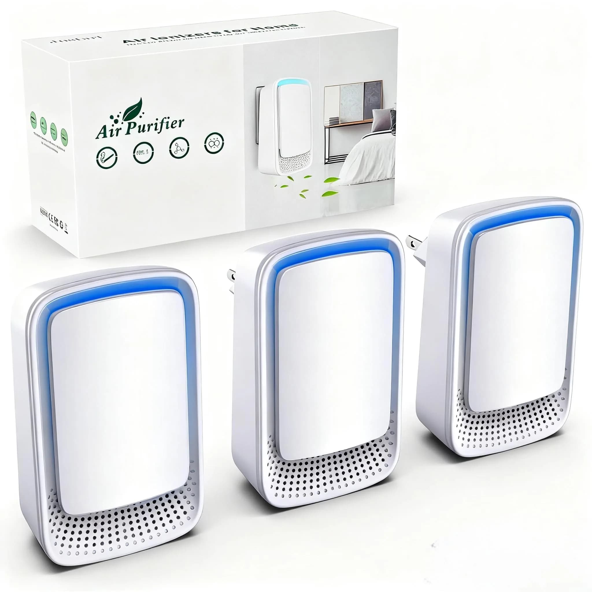 JOSTART Air Ionizers for Home 3 Pack | Filterless Negative Ion Generator, Quiet, Odor & Smoke Eliminator, Portable, White (3 pcs, 220V, 2W)