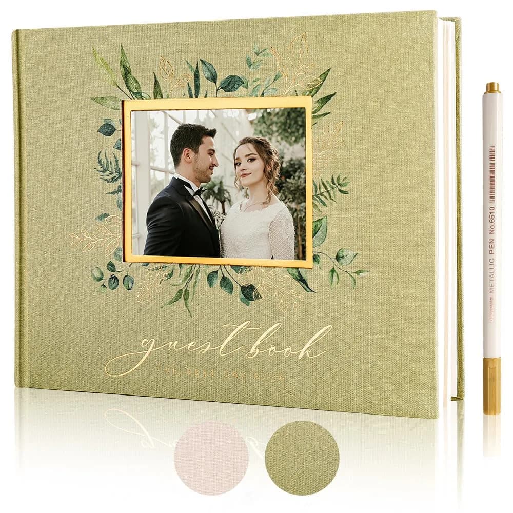 molekaus Wedding Guest Book Hardcover 8" x 10" (20.3 x 25.4 cm) with Photo Frame, 100 Pages | Classic Linen Design — Leaves-light Green / 8" x 10"