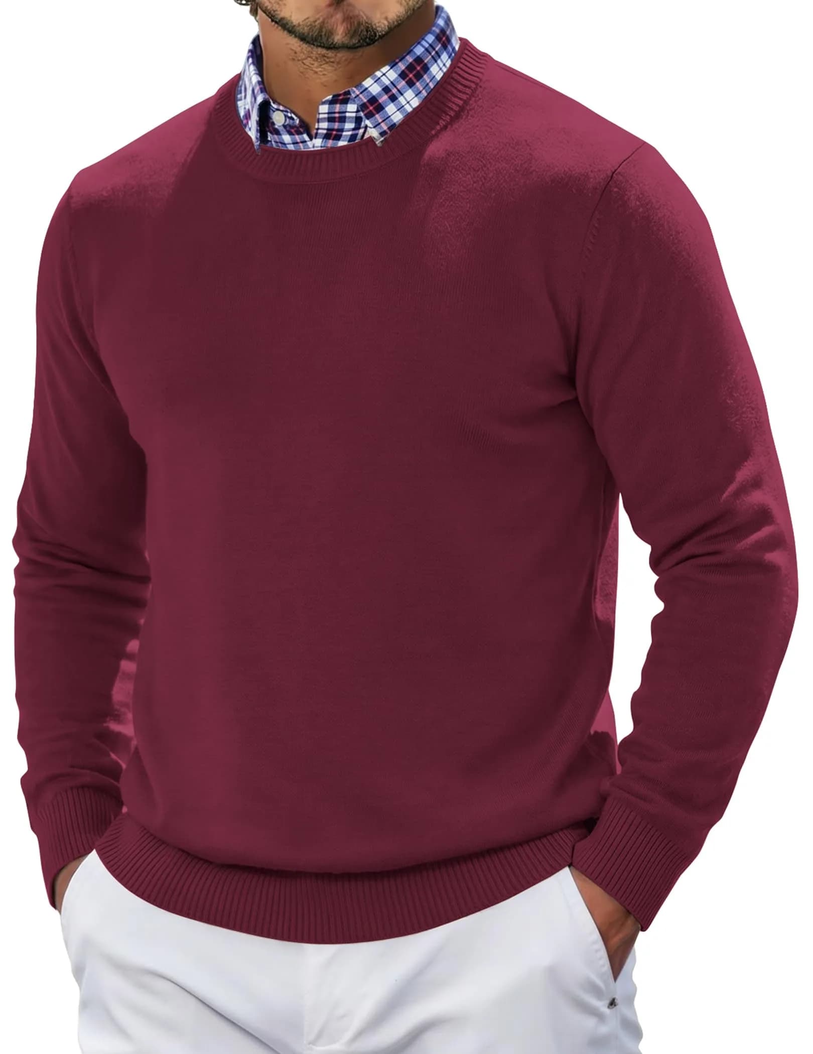 COOFANDY Mens Crew Neck Sweater Long Sleeve Lightweight Knit Pullover | Slim Fit, Soft & Warm in India — Wine Red