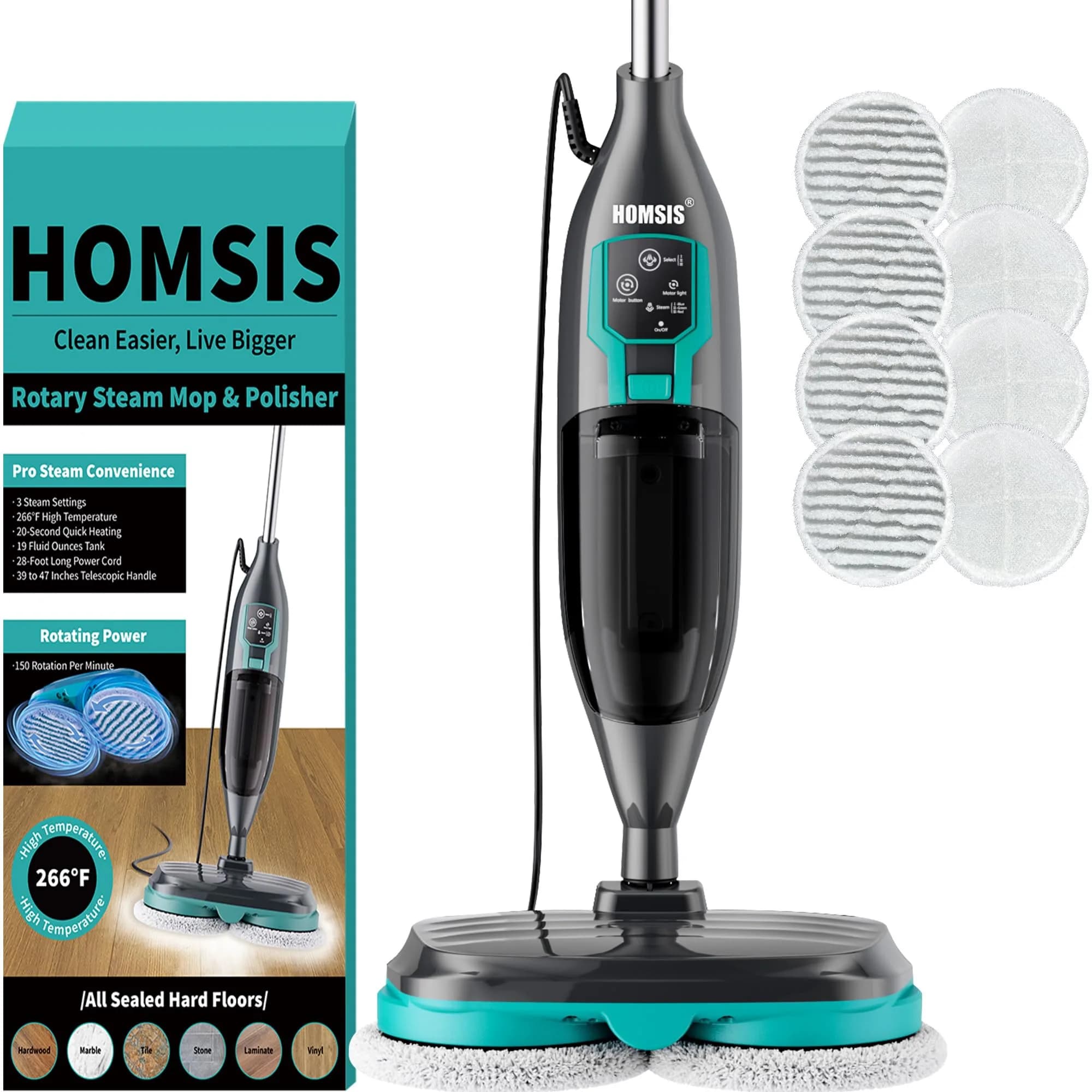 homsis Steam Mop Floor Steamer Scrubber for Hard Surfaces | 266°F Power & Reusable Pads — Gray