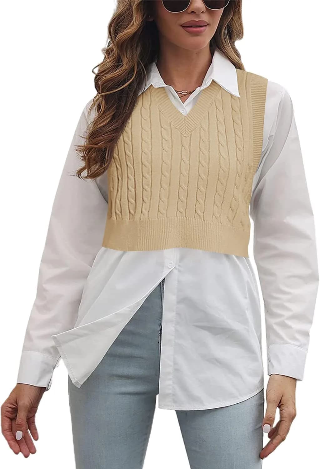Lailezou Women's V-Neck Knit Sweater Vest Solid Color Argyle Plaid Preppy Style Sleeveless Crop Knit Vest — Beige / Small