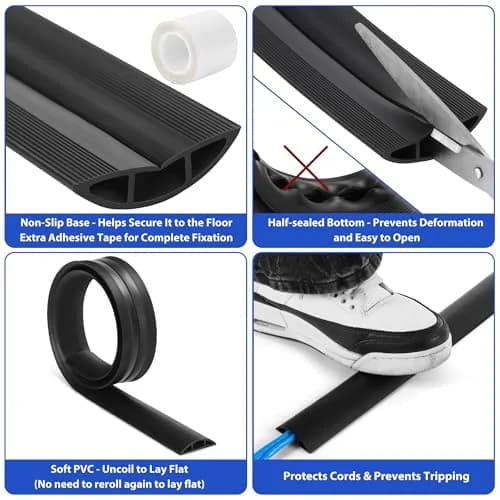 ZhiYo Floor Cord Cover 4ft (1.22m) Black | Hides 1-2 Cables, Prevents Tripping Hazards thumbnail 2