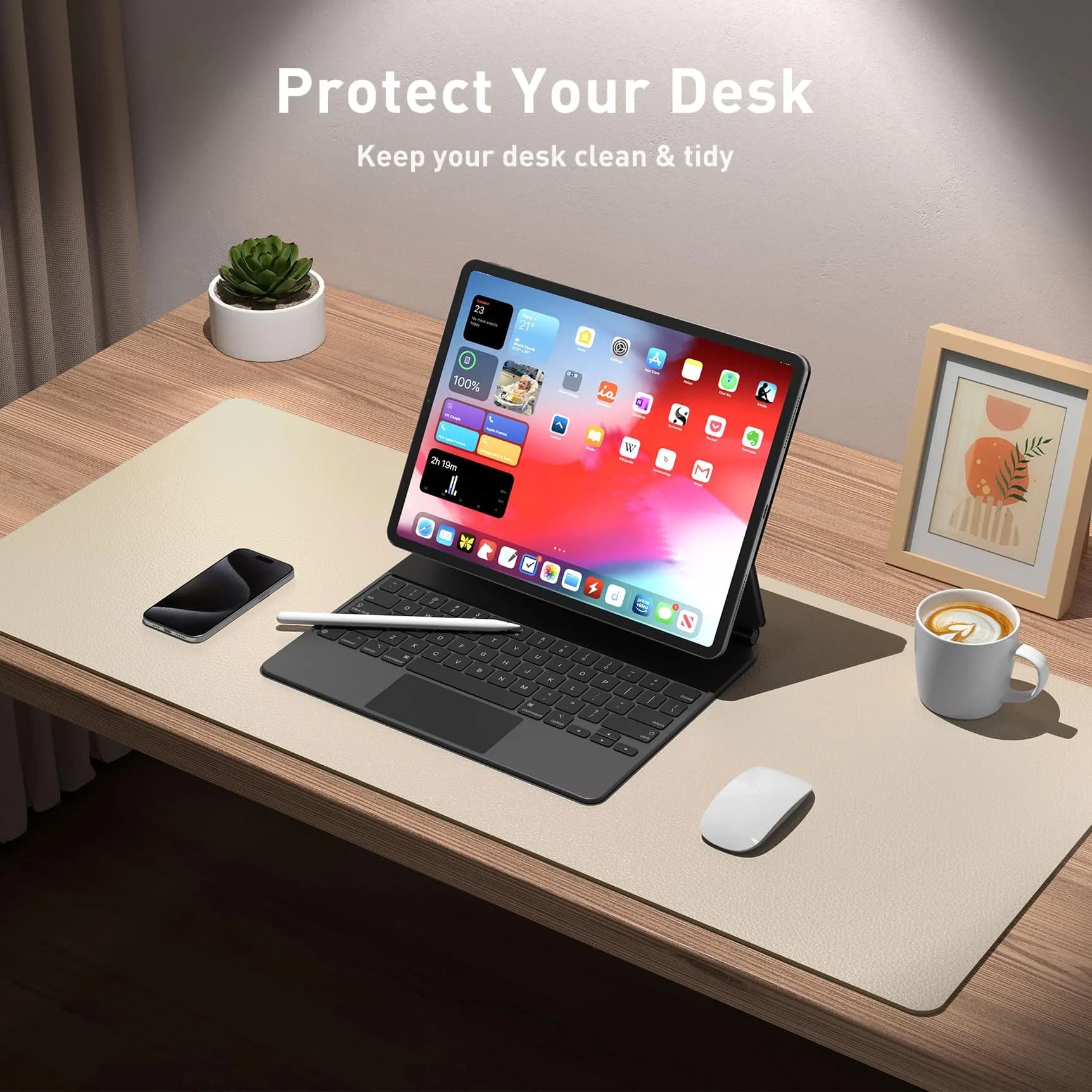 Aothia PU Leather Desk Pad Protector, Large Mouse Pad, Non-Slip PU Leather Desk Blotter, Laptop Desk Pad, Waterproof Desk Writing Pad for Office and Home (48"x17", Beige) - view 3