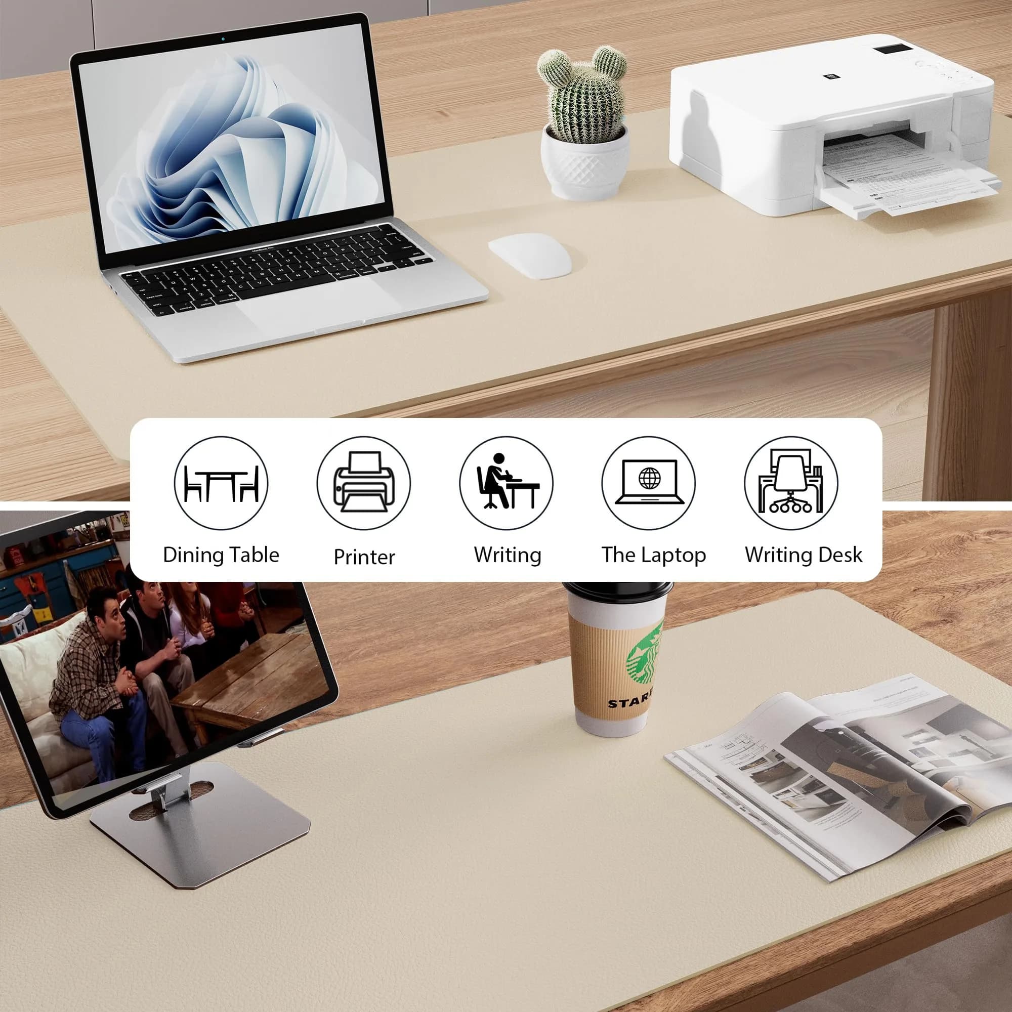 Aothia PU Leather Desk Pad Protector, Large Mouse Pad, Non-Slip PU Leather Desk Blotter, Laptop Desk Pad, Waterproof Desk Writing Pad for Office and Home (48"x17", Beige) - view 5