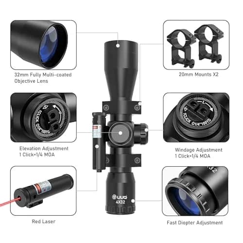 UUQ Tactical 4X32 Compact Rifle Scope with Red Laser | 1" Tube, 32mm Objective, Fog & Shock Resistant thumbnail 4