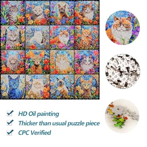 Bgraamiens Stained Glass Cat Puzzle 1000 Pieces | 61 cm (24 in) Square, Multicolor Kitten Collage thumbnail 4