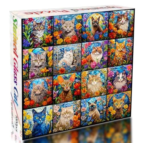 Bgraamiens Stained Glass Cat Puzzle 1000 Pieces | 61 cm (24 in) Square, Multicolor Kitten Collage thumbnail 2