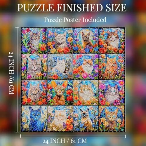 Bgraamiens Stained Glass Cat Puzzle 1000 Pieces | 61 cm (24 in) Square, Multicolor Kitten Collage thumbnail 3